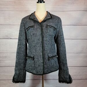 𝅺ELIE Tahari Tweed Fringe Wool Blend Jacket Black and White
